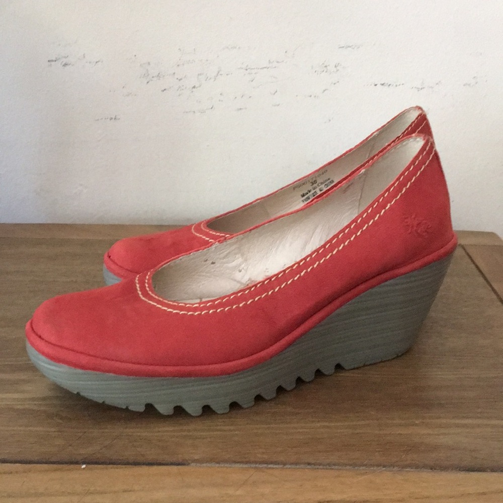 Fly London red leather platform wedges